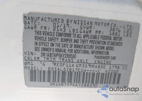 2019 Nissan Sentra Sv z USA, uszkodzony, nr VIN 3N1AB7AP6KY288590